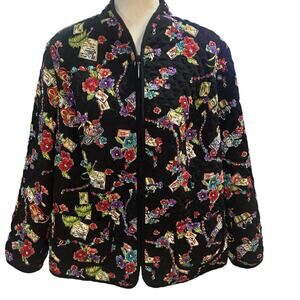 Requirements Quilted Jacket Womens Plus‎ Size 1X Black Floral Print Full Zip up